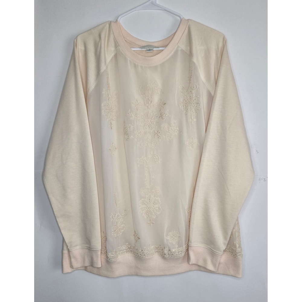 Forever 21 Plus Size 2X Embroidered Chiffon Front Sweatshirt Cream Peach Raglan